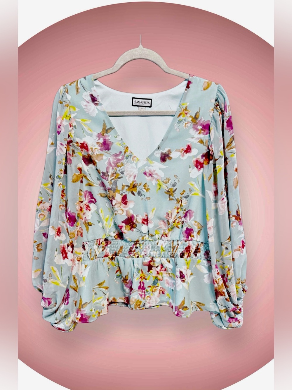 Sam and Jess NWT Light Blue Floral V-Neck Peplum Blouse size XL